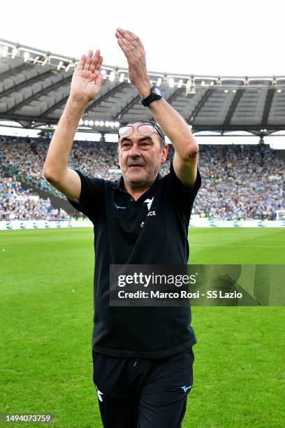 Lazio head coach Maurizio Sarri celebrates a victory after the Serie A match between SS Lazio and US Cremonese at Stadio Olimpico on May 28, 2023 in...