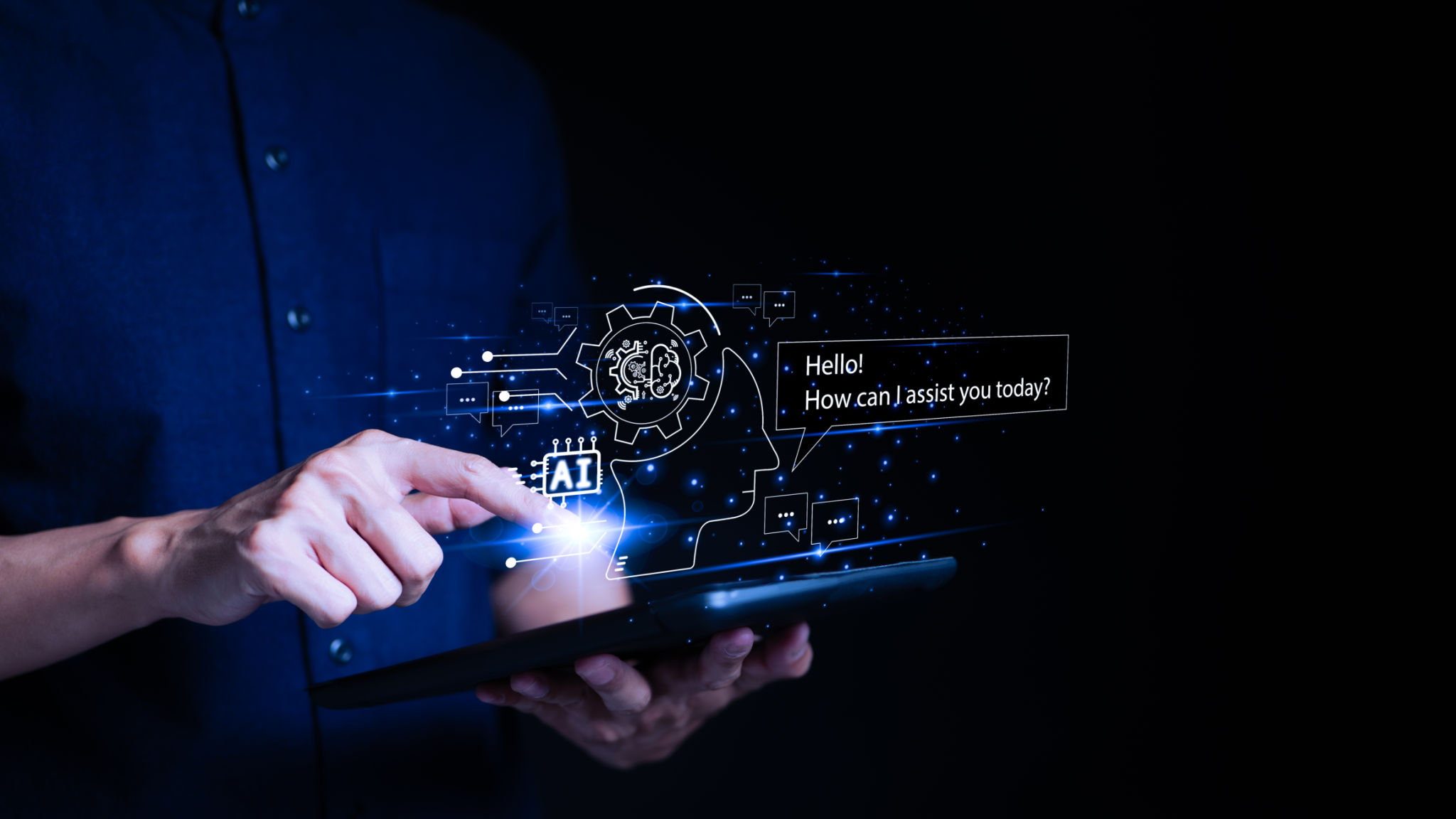 A.I., Chat with AI, Artificial Intelligence. Man using a smartphone chatting with an intelligent artificial intelligence asks for the answers he wants. by enter command prompt for generates, A.I., Chat with AI, Artificial Intelligence. Man using a smartphone chatting with an intelligent artificial intelligence asks for the answers he wants. by enter command prompt for generates,