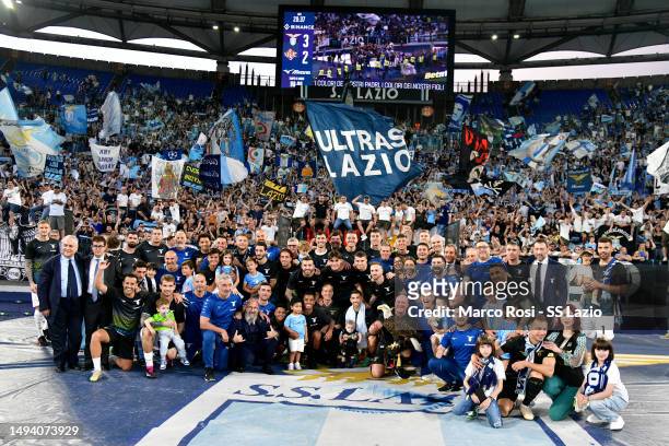 The SS Lazio team celebrates their Champions League qualification at the end of the match under the Curva Nord after the Serie A match between SS...