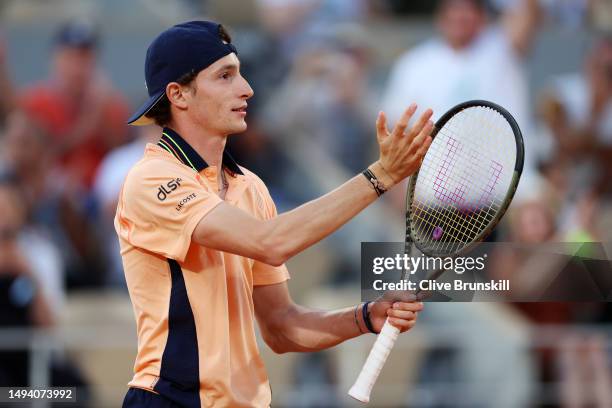 Ugo Humbert of France celebrates match point against Adrian Mannarino of France during their Men's Singles First Round match on Day One of the 2023...