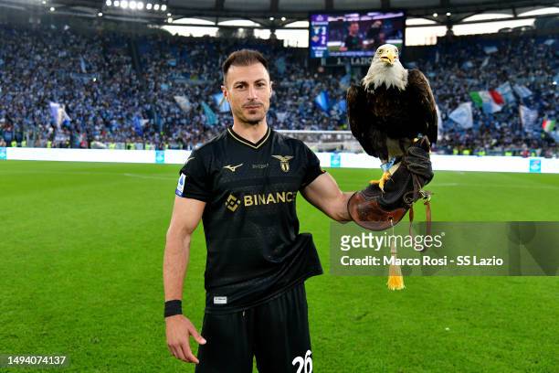 Stefan Radu of SS Lazio celebrates a victory after the Serie A match between SS Lazio and US Cremonese at Stadio Olimpico on May 28, 2023 in Rome,...