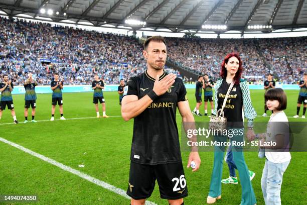 Stefan Radu of SS Lazio with his family the Serie A match between SS Lazio and US Cremonese at Stadio Olimpico on May 28, 2023 in Rome, Italy.