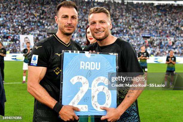 Stefan Radu and Ciro Immobile of SS Lazio after the Serie A match between SS Lazio and US Cremonese at Stadio Olimpico on May 28, 2023 in Rome, Italy.