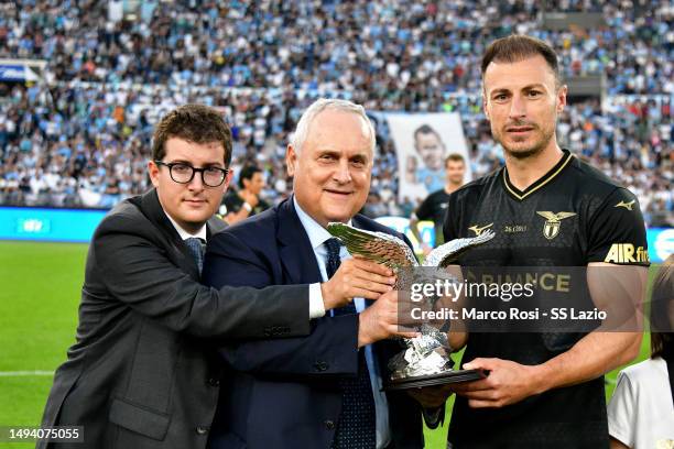 Lazio President Claudio Lotito and Stefan Radu after the Serie A match between SS Lazio and US Cremonese at Stadio Olimpico on May 28, 2023 in Rome,...