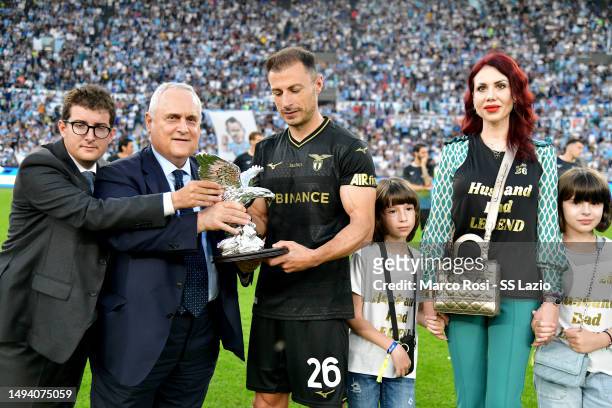 Lazio President Claudio Lotito and Stefan Radu after the Serie A match between SS Lazio and US Cremonese at Stadio Olimpico on May 28, 2023 in Rome,...