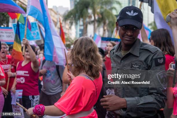 Israel Border Police officers interact with protestors outside a lecture by author Abigail Shrier about ‘protecting children from Trans fashion’ on...