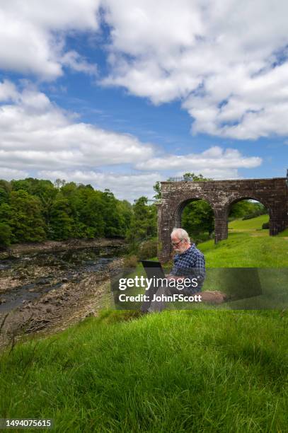 grey haired man using a laptop - dumfries en galloway stockfoto's en -beelden