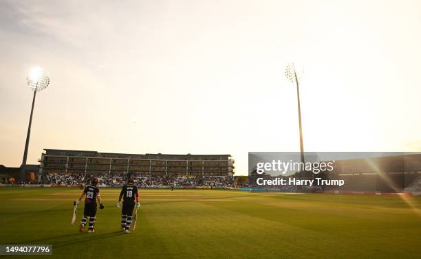 Will Smeed and Tom Banton of Somerset make their way out to bat during the Vitality Blast T20 match between Somerset and Glamorgan at The Cooper...