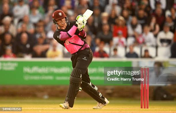 Tom Banton of Somerset plays a shot during the Vitality Blast T20 match between Somerset and Glamorgan at The Cooper Associates County Ground on May...