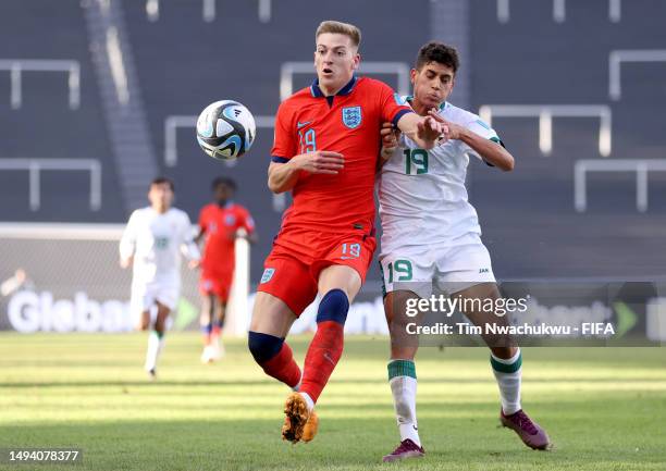 Liam Delap of England battles for the ball with Sajjad Mahdi of Iraq during a FIFA U-20 World Cup Argentina 2023 Group E match between Iraq and...