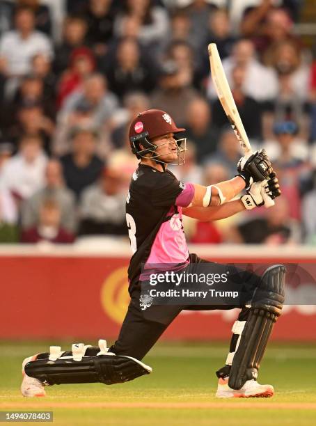 Will Smeed of Somerset plays a shot during the Vitality Blast T20 match between Somerset and Glamorgan at The Cooper Associates County Ground on May...