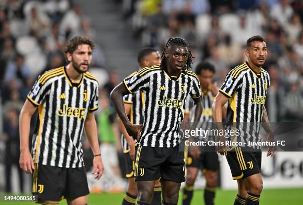 Moise Kean and his teammate Danilo of Juventus look on during the Serie A match between Juventus and AC MIlan at Allianz Stadium on May 28, 2023 in...