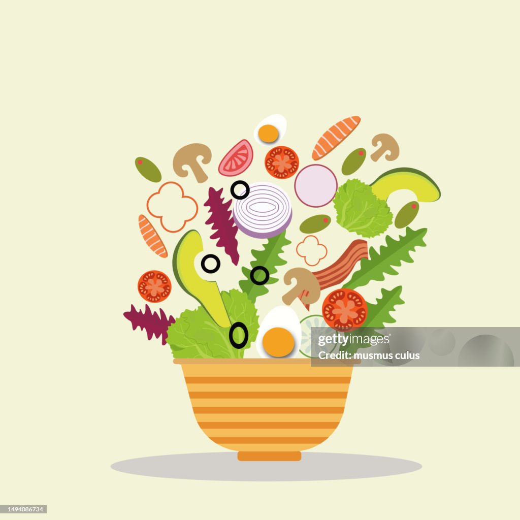Vektorillustration der Zutaten, die für einen gesunden Salat benötigt werden
