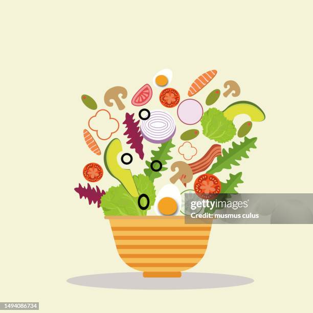 vektorillustration der zutaten, die für einen gesunden salat benötigt werden - salad bowl stock-grafiken, -clipart, -cartoons und -symbole