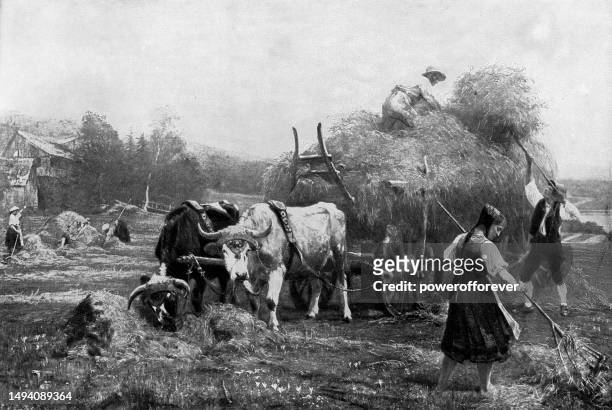 haymaking, painting by paul friedrich meyerheim - 19th century - working animals stock illustrations