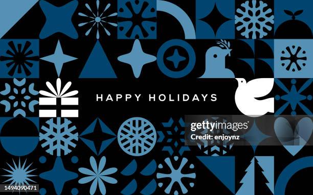 illustrations, cliparts, dessins animés et icônes de conception de carte de noël bleu rétro - happy holidays