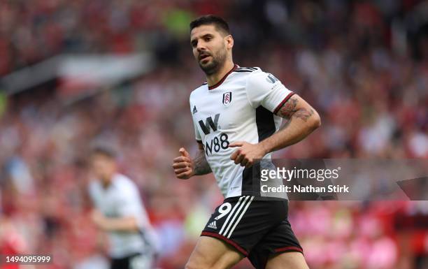 Aleksandar Mitrovic of Fulham during the Premier League match between Manchester United and Fulham FC at Old Trafford on May 28, 2023 in Manchester,...
