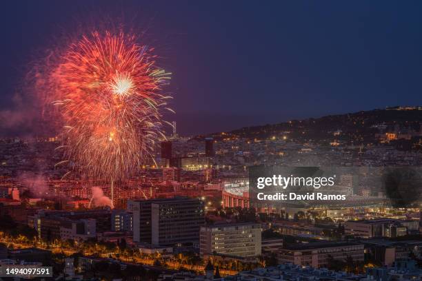 Fireworks light up the Barcelona skyline over the Spotify Camp Nou during the farewell after the last match at the stadium ahead of the remodelling...