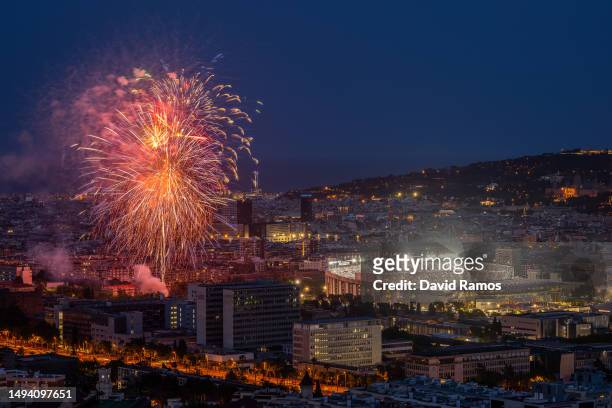 Fireworks light up the Barcelona skyline over the Spotify Camp Nou during the farewell after the last match at the stadium ahead of the remodelling...