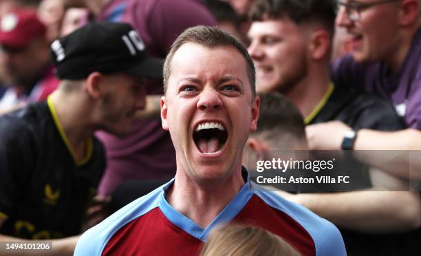 Aston Villa fans react during the Premier League match between Aston Villa and Brighton & Hove Albion at Villa Park on May 28, 2023 in Birmingham,...