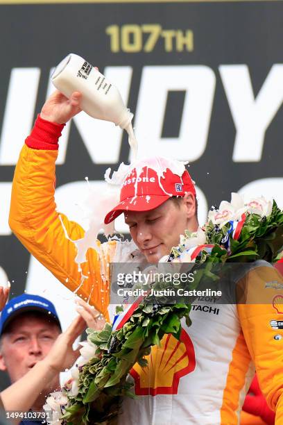 Josef Newgarden, driver of the PPG Team Penske Chevrolet, celebrates after winning The 107th Running of the Indianapolis 500 at Indianapolis Motor...
