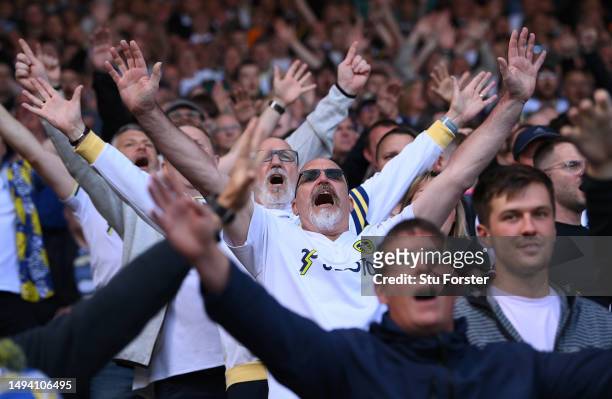 Leeds fans of all ages support their team during the Premier League match between Leeds United and Tottenham Hotspur at Elland Road on May 28, 2023...
