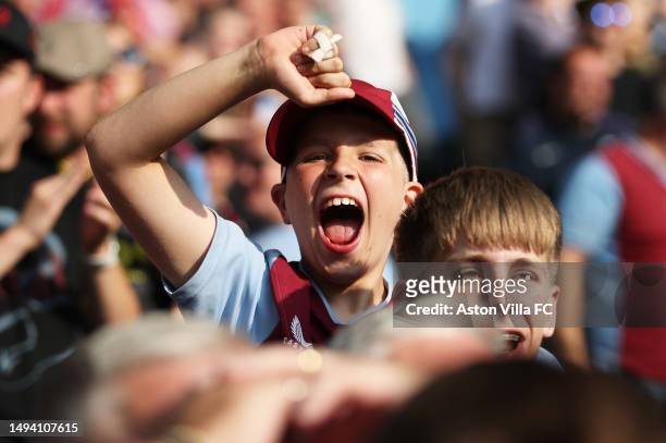 Aston Villa fans react during the Premier League match between Aston Villa and Brighton & Hove Albion at Villa Park on May 28, 2023 in Birmingham,...