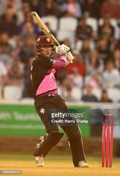 Tom Banton of Somerset plays a shot during the Vitality Blast T20 match between Somerset and Glamorgan at The Cooper Associates County Ground on May...