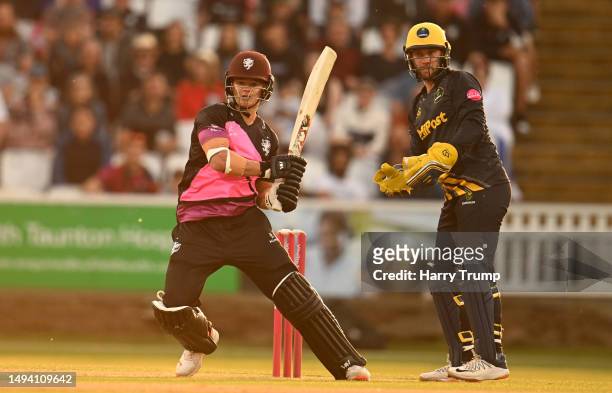 Will Smeed of Somerset plays a shot as Chris Cooke of Glamorgan keeps during the Vitality Blast T20 match between Somerset and Glamorgan at The...