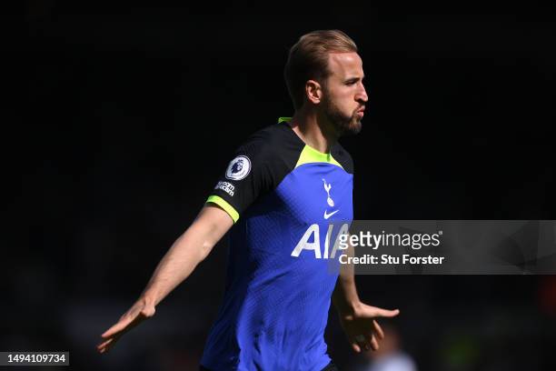 Spurs striker Harry Kane celebrates after scoring the first goal during the Premier League match between Leeds United and Tottenham Hotspur at Elland...