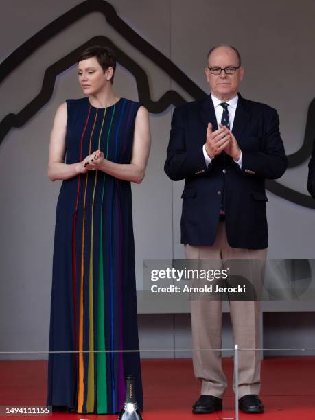 Princess Charlene of Monaco and HSH Prince Albert II of Monaco attends the F1 Grand Prix of Monaco at Circuit de Monaco on May 28, 2023 in...