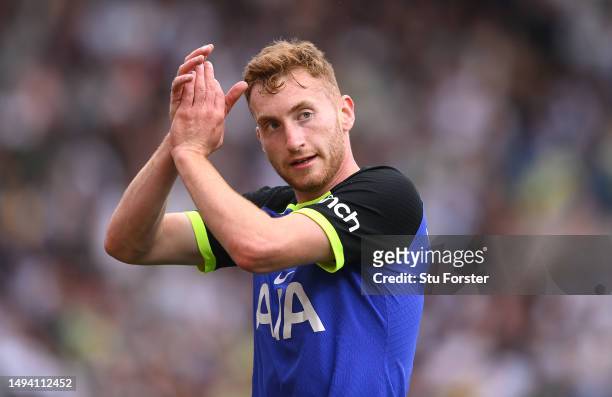 Spurs player Dejan Kulusevski applauds during the Premier League match between Leeds United and Tottenham Hotspur at Elland Road on May 28, 2023 in...