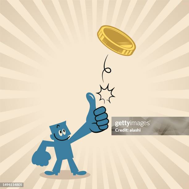 a smiling blue man tossing a coin - flipping a coin 幅插畫檔、美工圖案、卡通及圖標