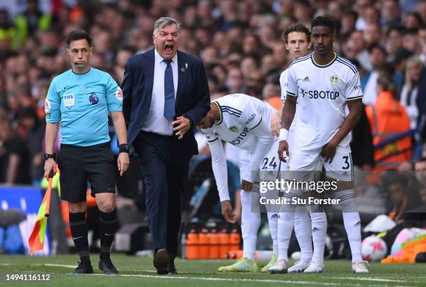 Leeds manager Sam Allardyce reacts on the sidelines during the Premier League match between Leeds United and Tottenham Hotspur at Elland Road on May...