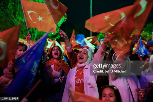 Supporters of President Recep Tayyip Erdogan gather to celebrate victory in front of AK Party headquarters on May 28, 2023 in Istanbul, Turkey....