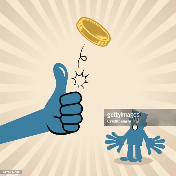 stockillustraties, clipart, cartoons en iconen met a giant human hand tossing a coin in front of a blue man - coin toss