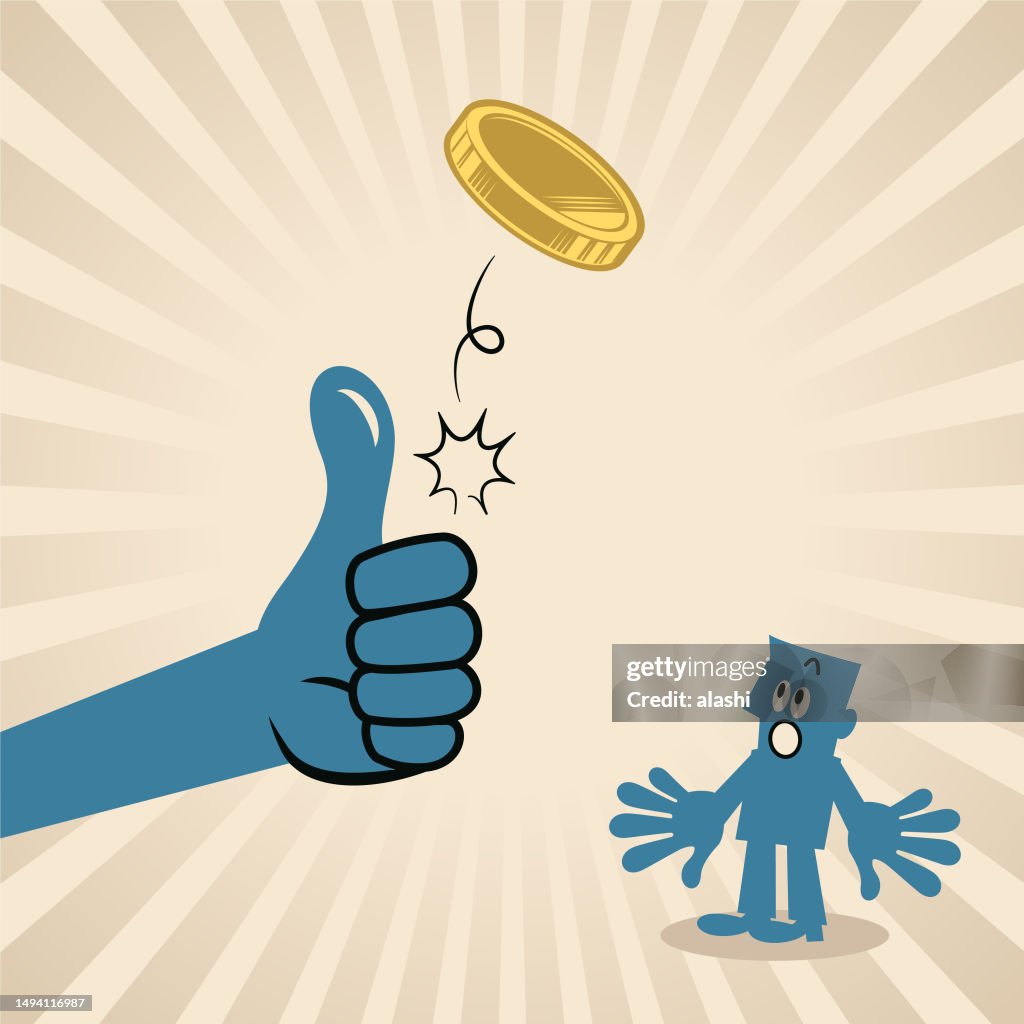 Uma mão humana gigante jogando uma moeda na frente de um homem azul