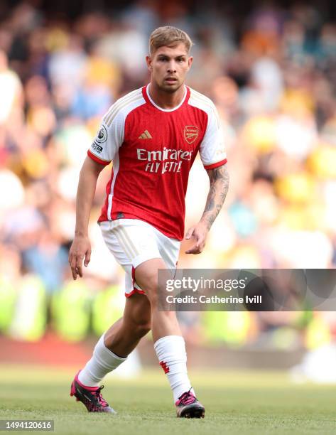 Emile Smith Rowe of Arsenal during the Premier League match between Arsenal FC and Wolverhampton Wanderers at Emirates Stadium on May 28, 2023 in...