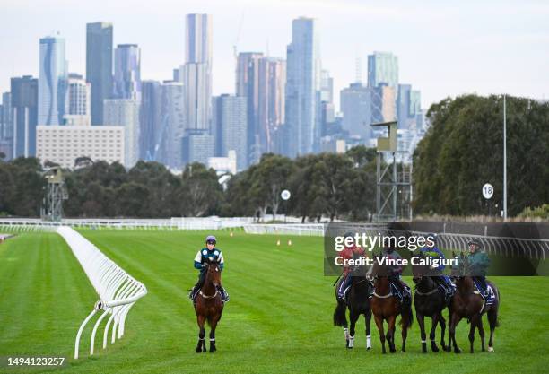 Ben Allen riding Coolangatta , James McDonald riding Artorious, Field of Flutes, Pacific Ruby and Brett Prebble riding Cannonball after a straight...