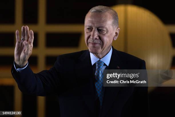 President Recep Tayyip Erdogan speaks to supporters at the presidential palace after winning reelection in a runoff on May 29, 2023 in Ankara,...