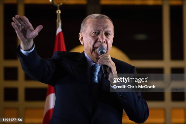 President Recep Tayyip Erdogan speaks to supporters at the presidential palace after winning reelection in a runoff on May 29, 2023 in Ankara,...