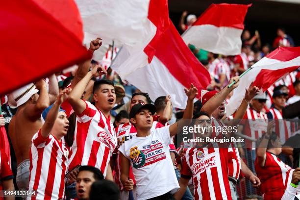 Fans of Chivas cheer prior the final second leg match between Chivas and Tigres UANL as part of the Torneo Clausura 2023 Liga MX at Akron Stadium on...