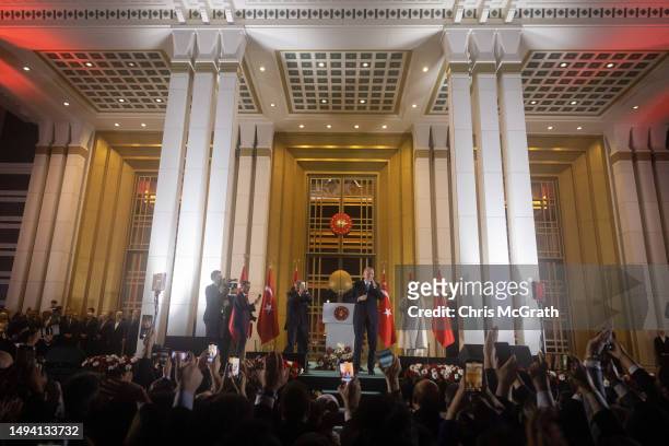 President Recep Tayyip Erdogan speaks to supporters at the presidential palace after winning reelection in a runoff on May 29, 2023 in Ankara,...