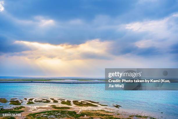 tranquil beach with moss-covered sands, turquoise sea and beautiful sky. - okinawa blue sky beach landscape stockfoto's en -beelden