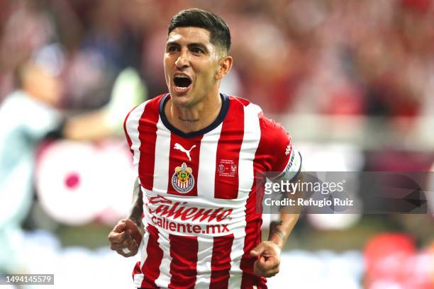 Víctor Guzmán of Chivas celebrates after scoring the team's second goal during the final second leg match between Chivas and Tigres UANL as part of...