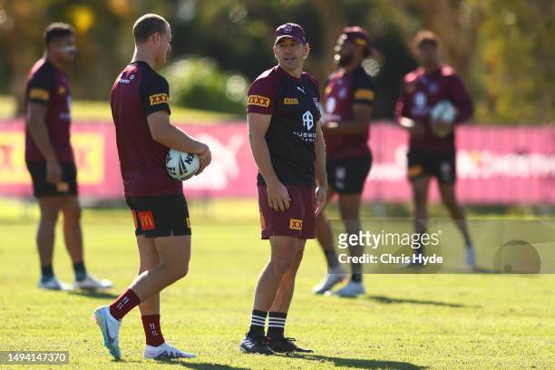 Maroons coach Billy Slater and Daly Cherry-Evans during the QLD Maroons State of Origin training session at Sanctuary Cove on May 29, 2023 in Gold...