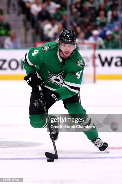 Miro Heiskanen of the Dallas Stars skates against the Vegas Golden Knights during the third period in Game Four of the Western Conference Final of...