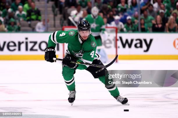 Miro Heiskanen of the Dallas Stars skates against the Vegas Golden Knights during the third period in Game Four of the Western Conference Final of...