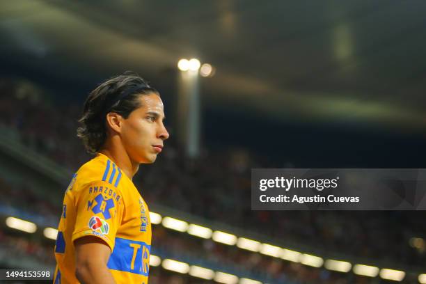 Diego Lainez of Tigres looks onduring the final second leg match between Chivas and Tigres UANL as part of the Torneo Clausura 2023 Liga MX at Akron...