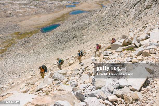 Southbound hikers descend from Mather Pass on the John Muir Trail / Pacific Crest Trail on August 28, 2014 in the Sierra Nevada Mountains of Kings...